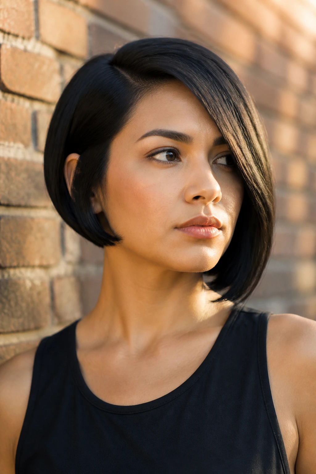 Close-up of a person with an asymmetrical pageboy hairstyle