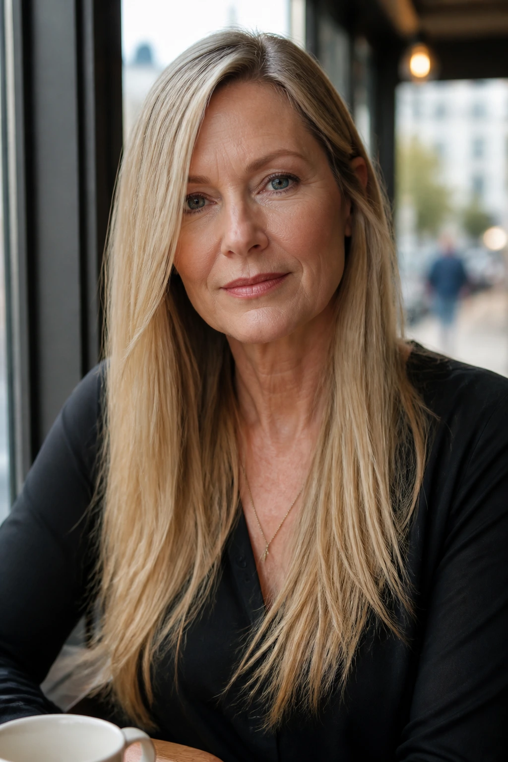 Portrait of a real woman with an asymmetrical part in long straight hair