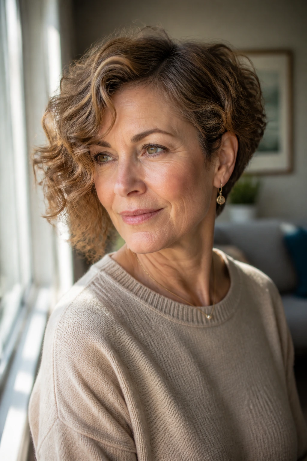 Close-up portrait of a real woman with asymmetrical perm bob in warm window light.