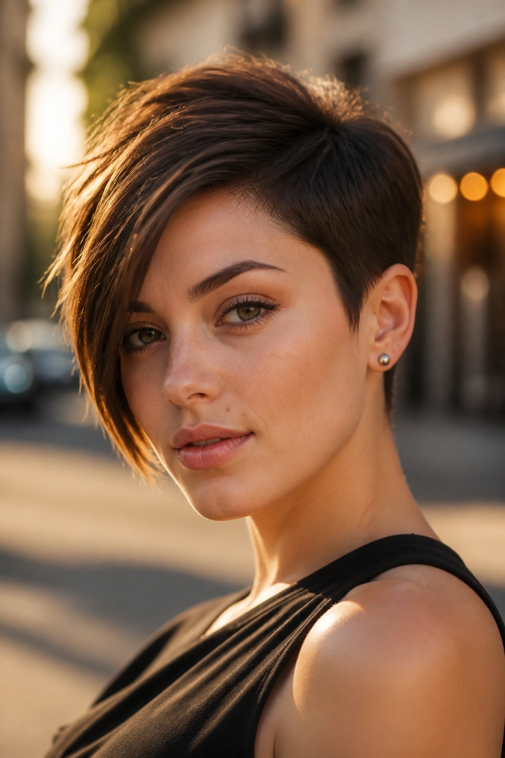 Close-up portrait of real person with asymmetrical pixie