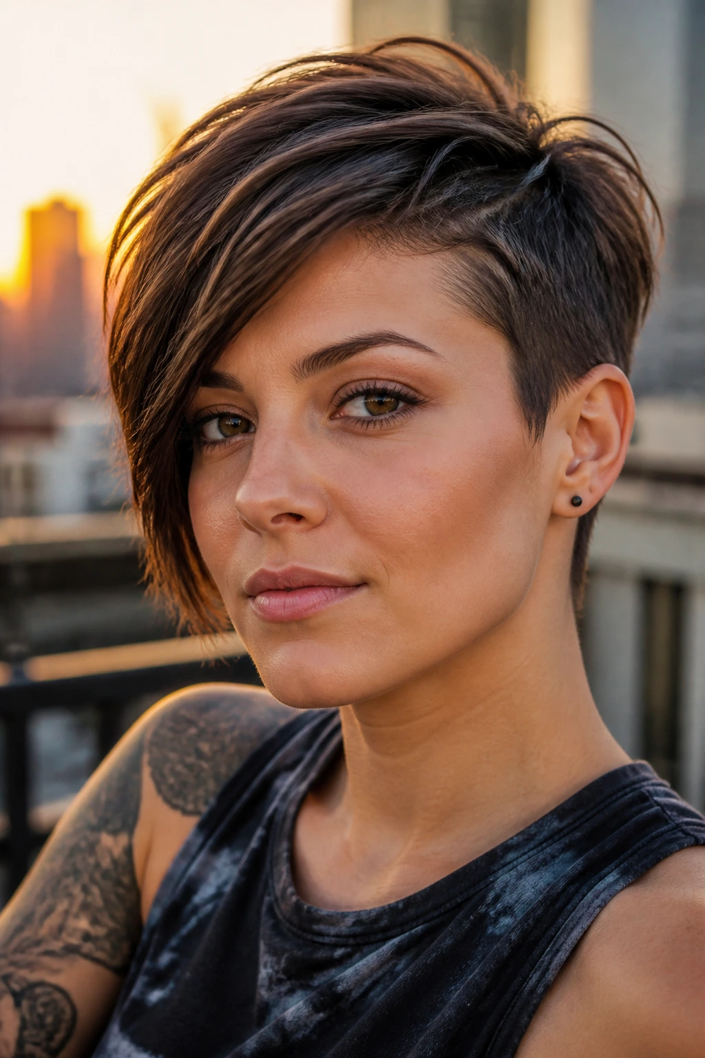 Close-up of a woman with an asymmetrical pixie bob showing a diagonal jaw line