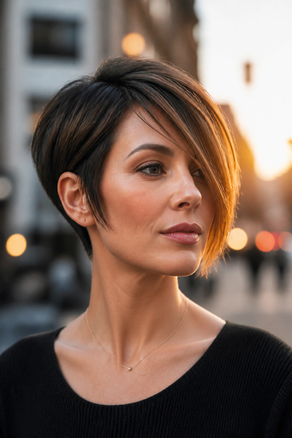 Close-up portrait of a real woman with Asymmetrical Pixie Bob showing one longer side.