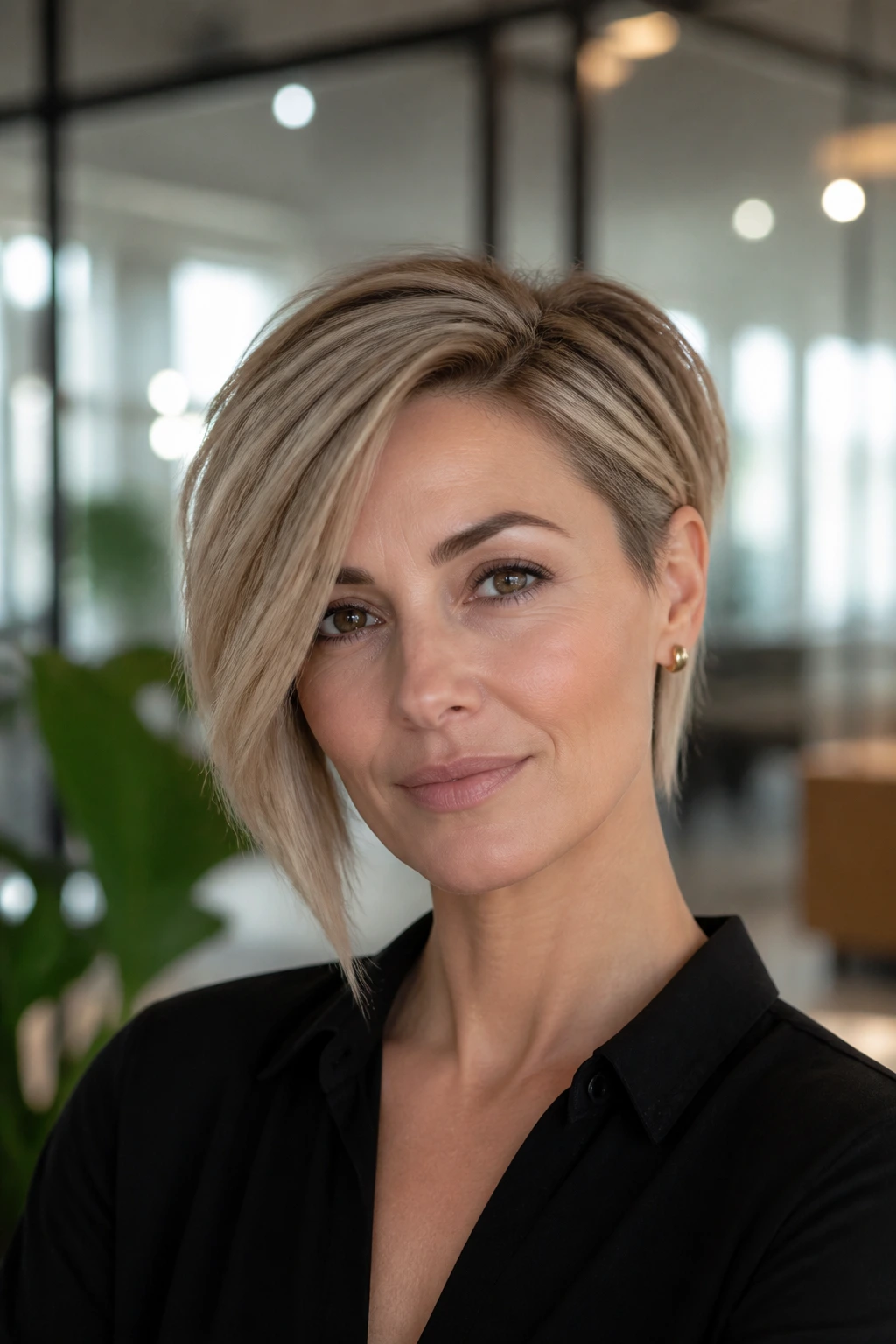 Real woman with asymmetrical pixie bob in an office setting