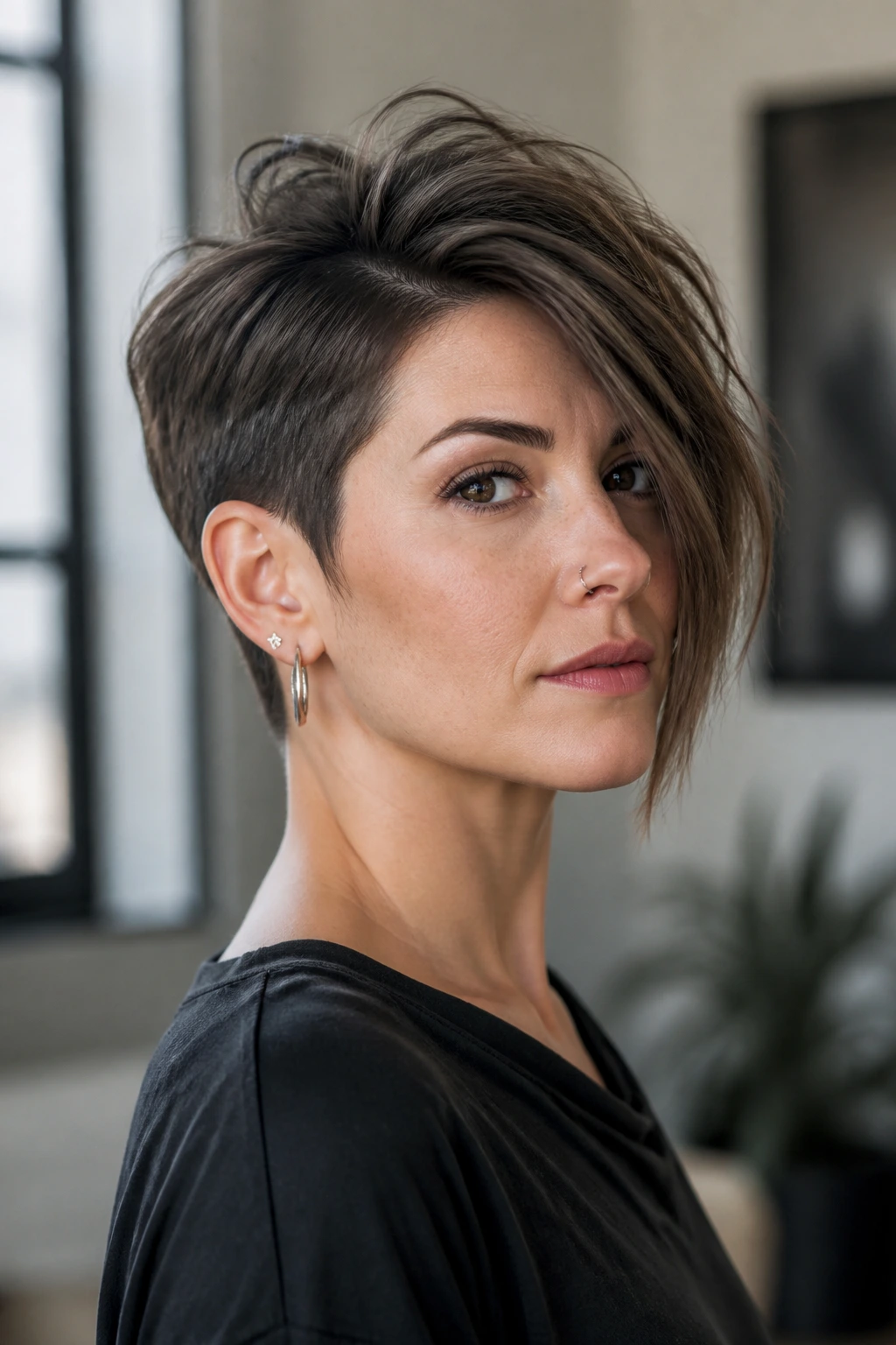 Close-up portrait of a real woman with an asymmetrical pixie bob