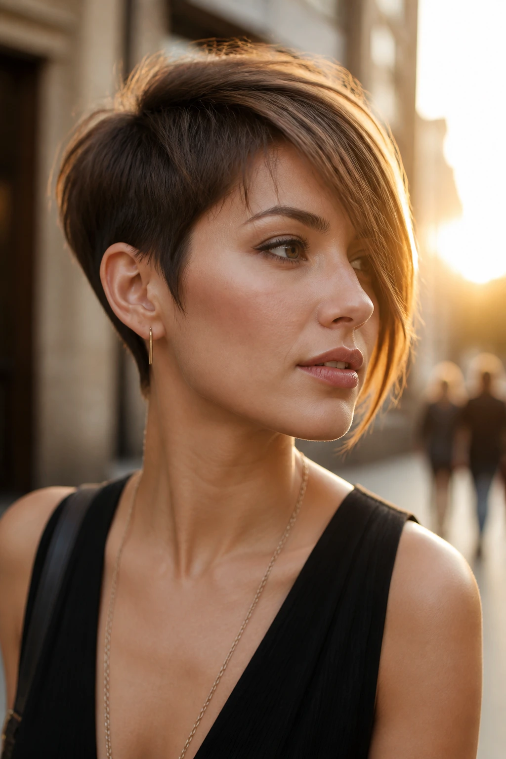 Close-up of real person with asymmetrical pixie bob hairstyle on urban street