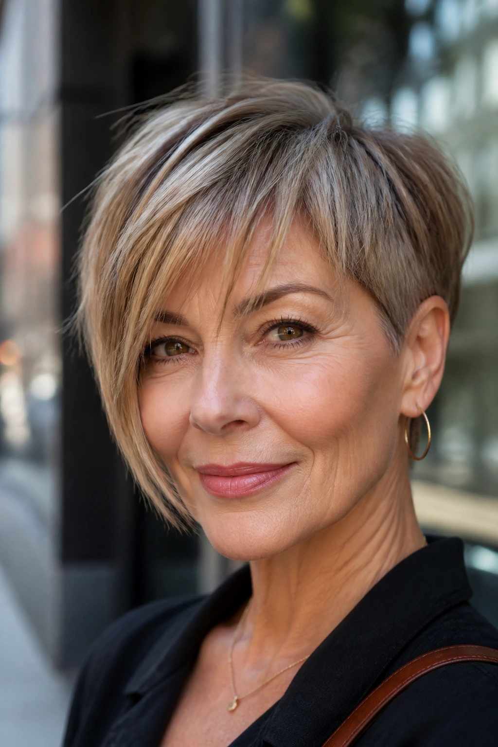 Portrait of a real woman with asymmetrical pixie-bob and feathered front in natural light.