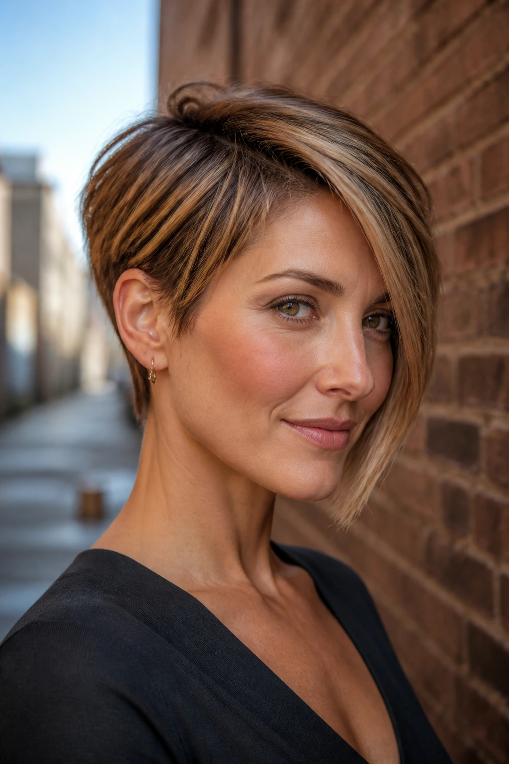 Real woman with asymmetrical pixie bob against brick wall in morning light