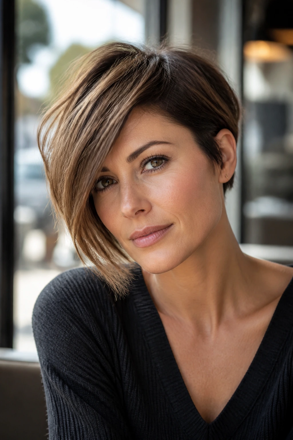 Portrait of a real woman with asymmetrical pixie bob.