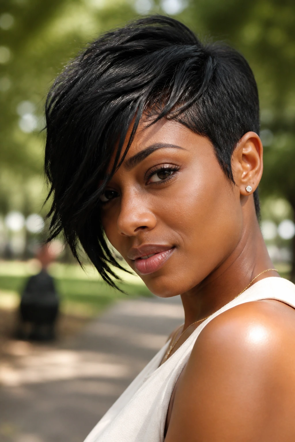Close-up of a Black woman with an asymmetrical pixie bob outdoors