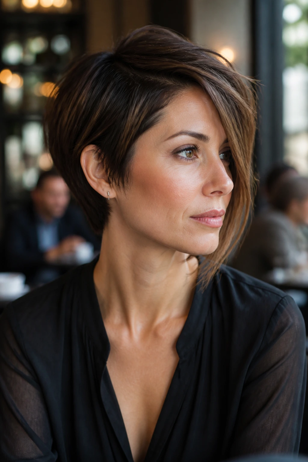 Portrait of person with asymmetrical long-front pixie bob in cafe