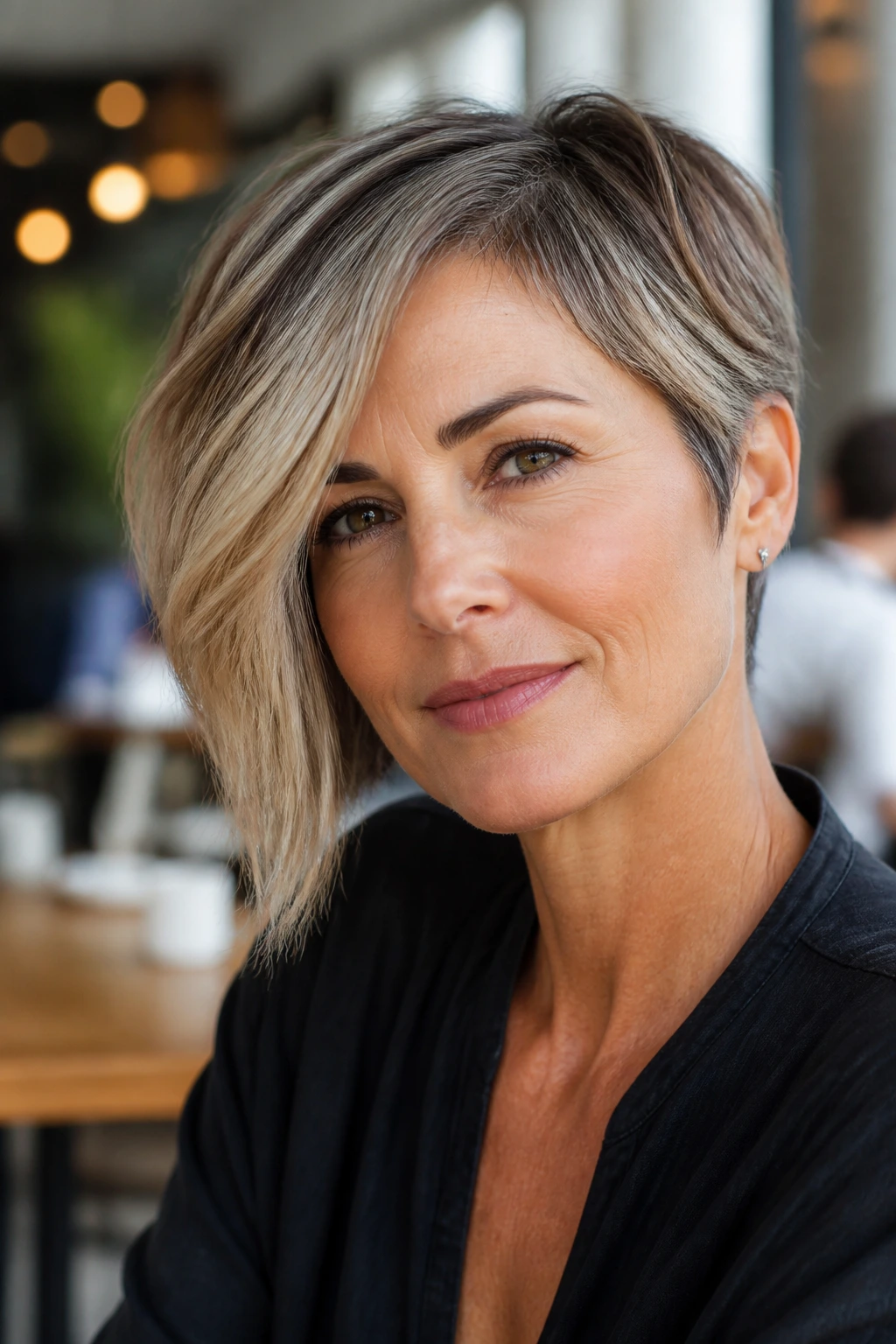 Close-up of a real woman with an asymmetrical pixie bob