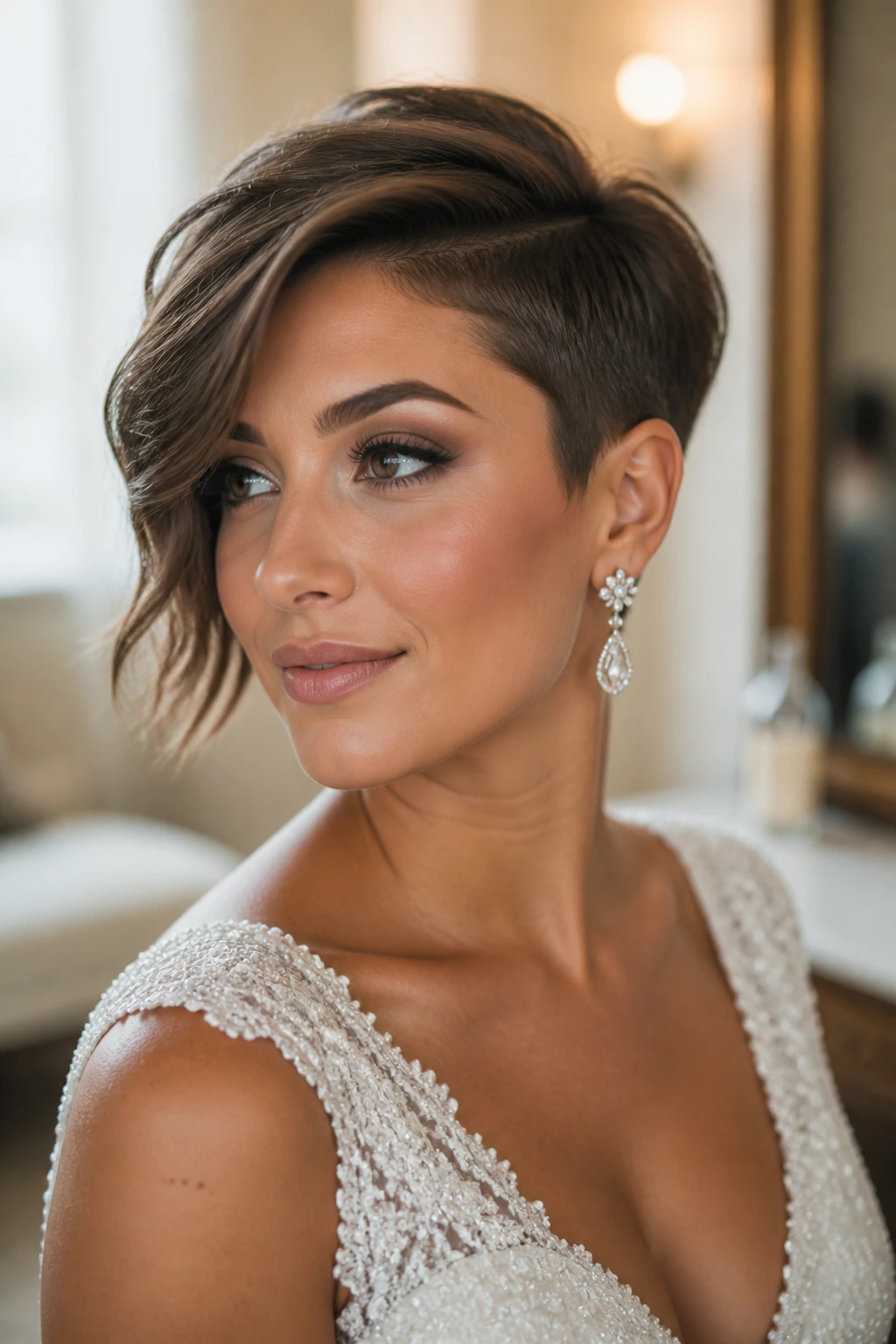 Close-up of a real bride with an asymmetrical glam pixie from a three-quarter angle.