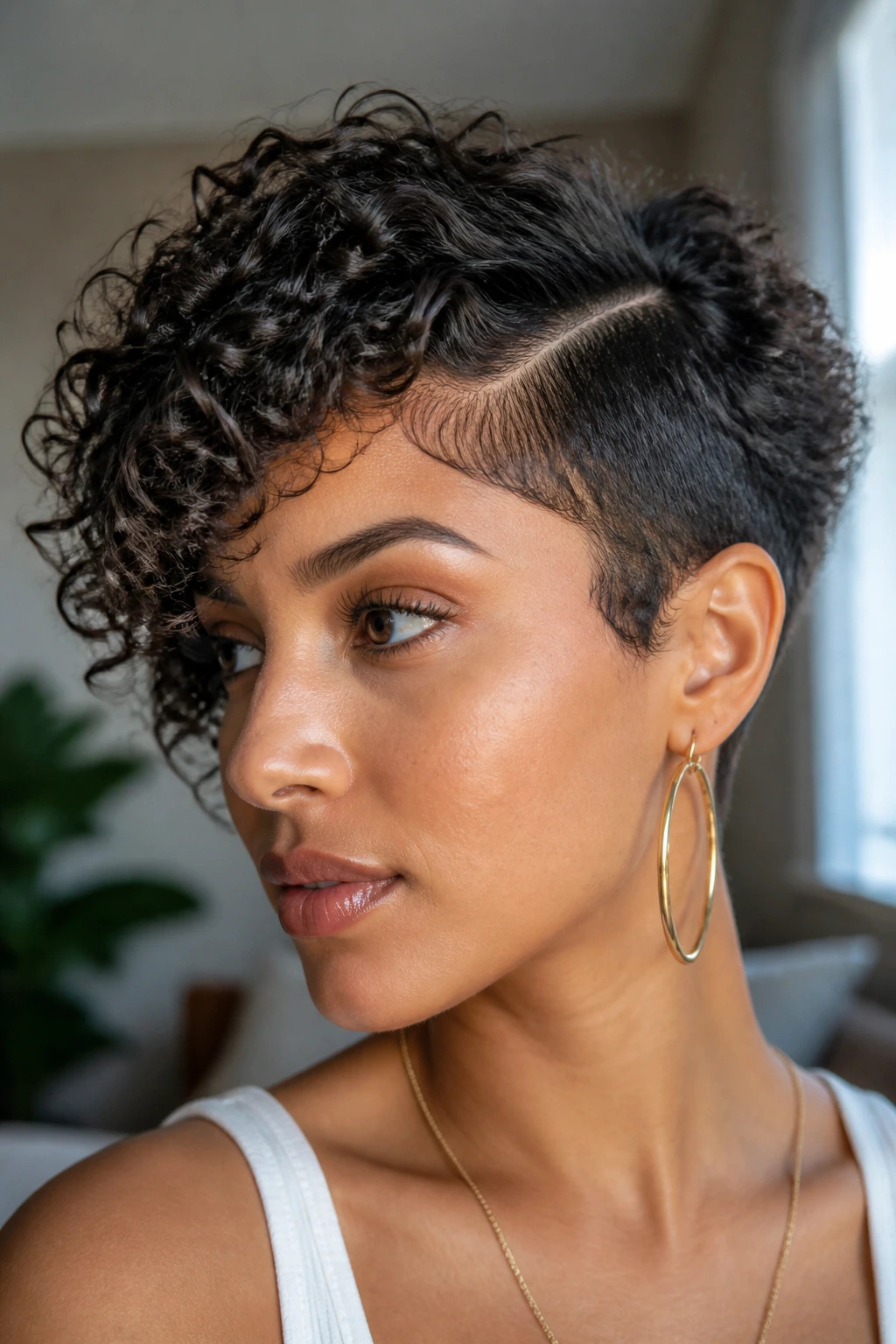 Close-up of a real person with an asymmetrical curly pixie crop showing a longer side and a neater shorter side