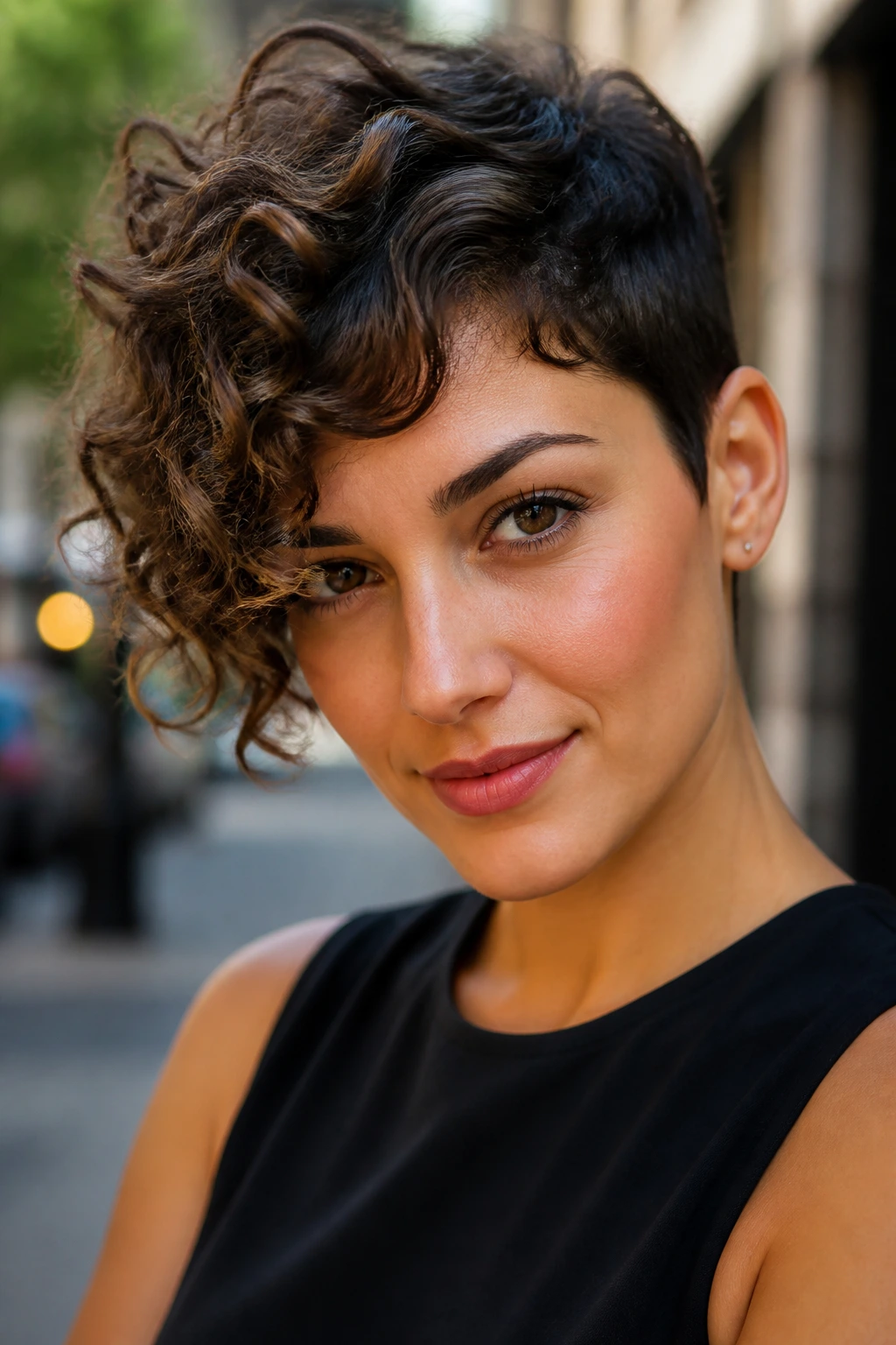 Close-up portrait of a woman with an asymmetrical curly pixie outdoors
