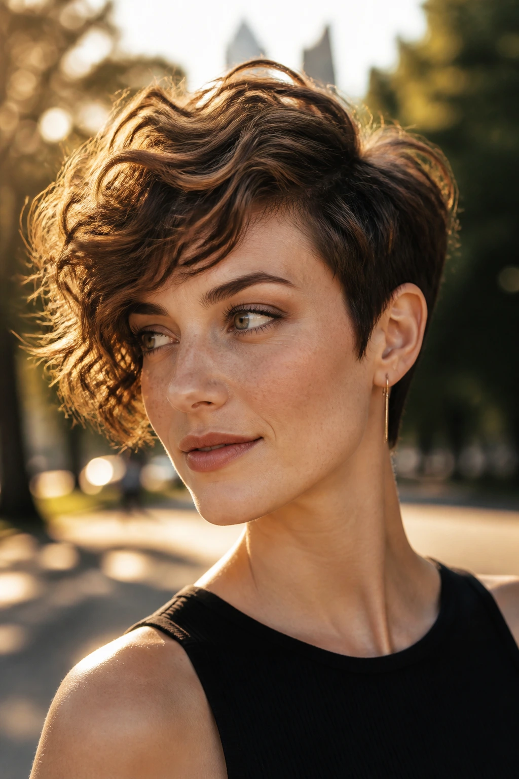 Close-up portrait of a real person with asymmetrical pixie hairstyle showing uneven lengths.