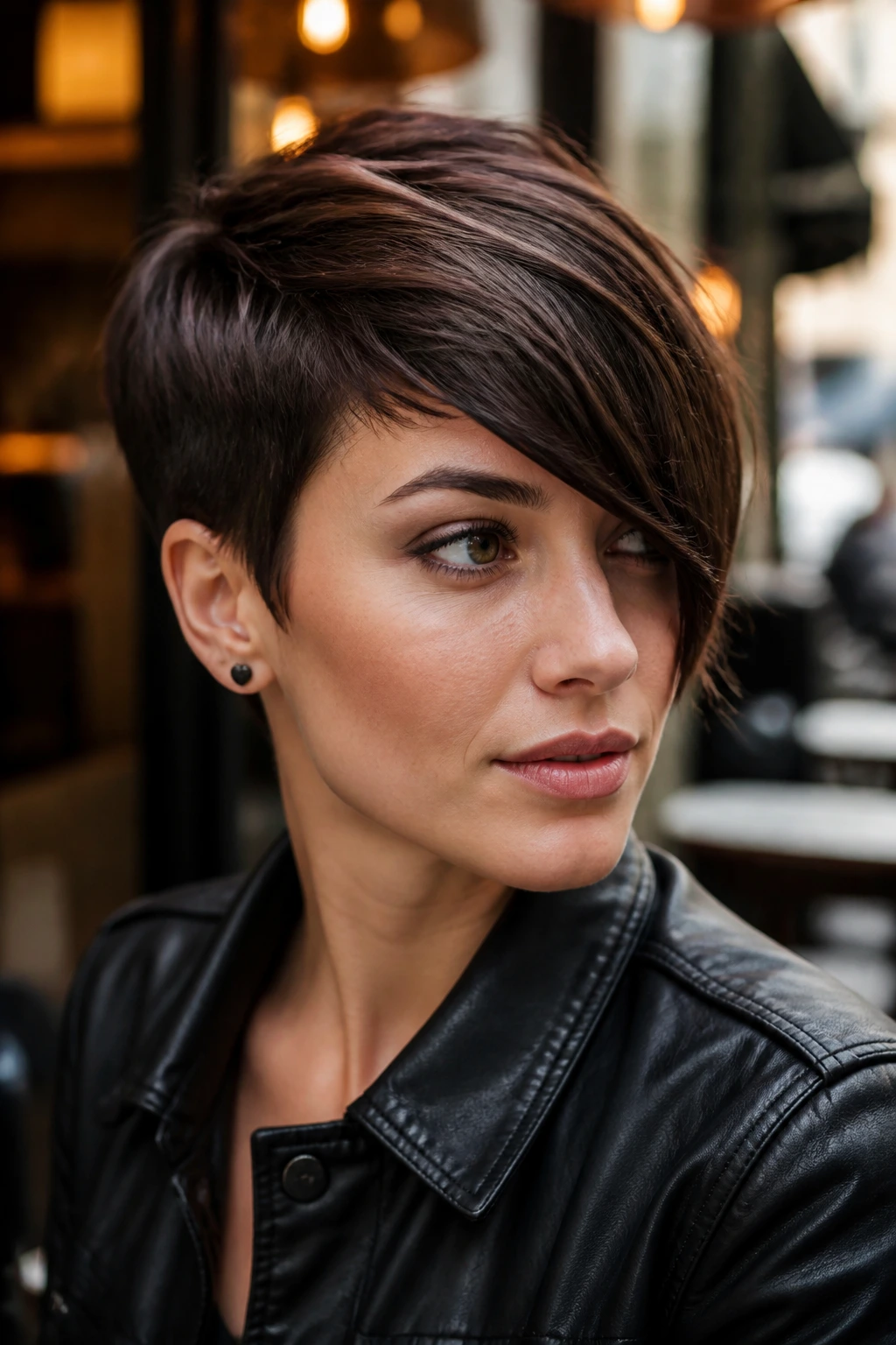Woman with asymmetrical pixie and deep side bangs on a city street