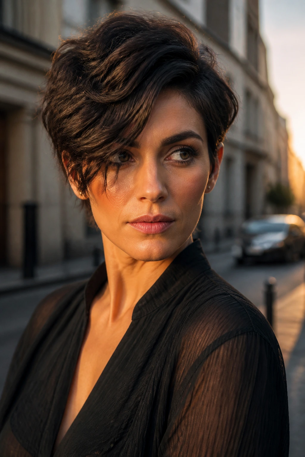 Real person with deep side part asymmetrical pixie on golden hour street