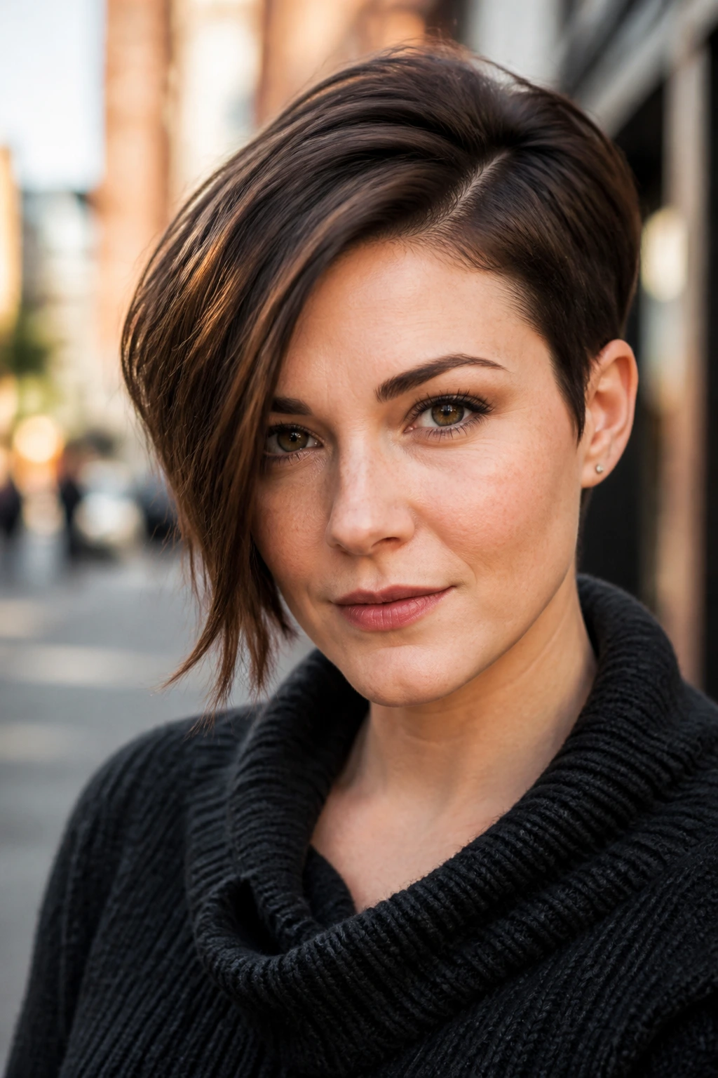 Close-up portrait of a woman with an asymmetrical pixie and deep side part