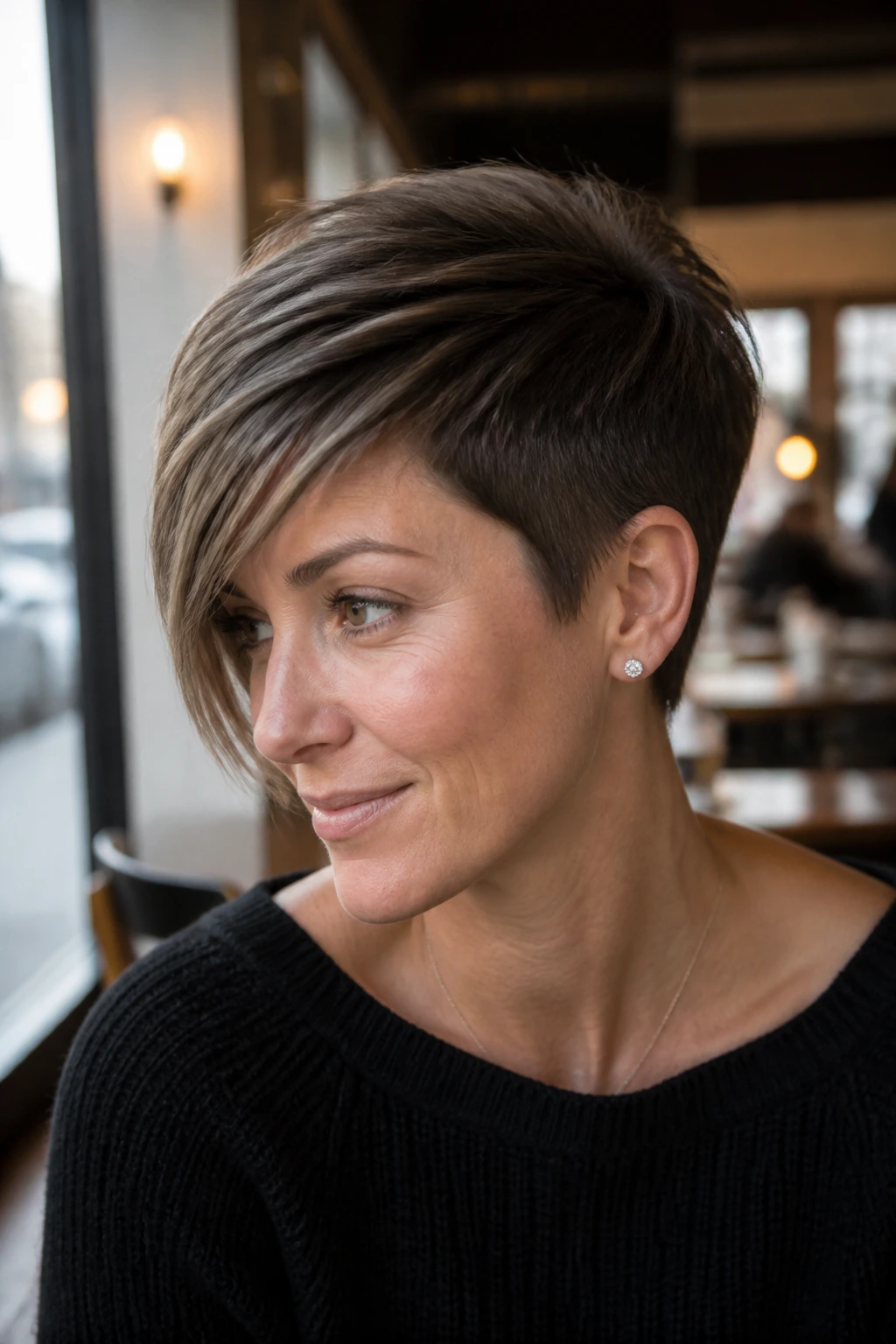 Portrait of a real woman with an asymmetrical pixie and diagonal line.