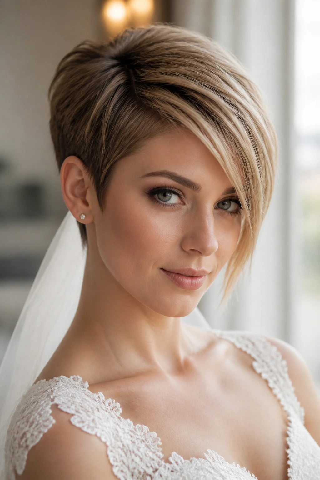 Close-up of a real bride with an asymmetrical pixie and long fringe