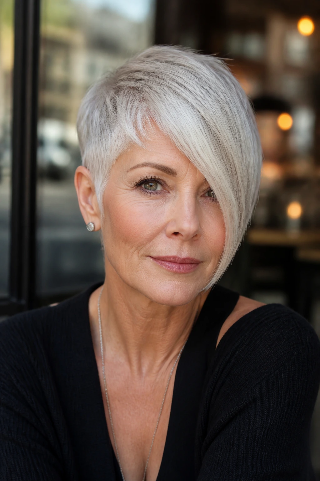 Portrait of a woman with an asymmetrical silver pixie showing a longer side
