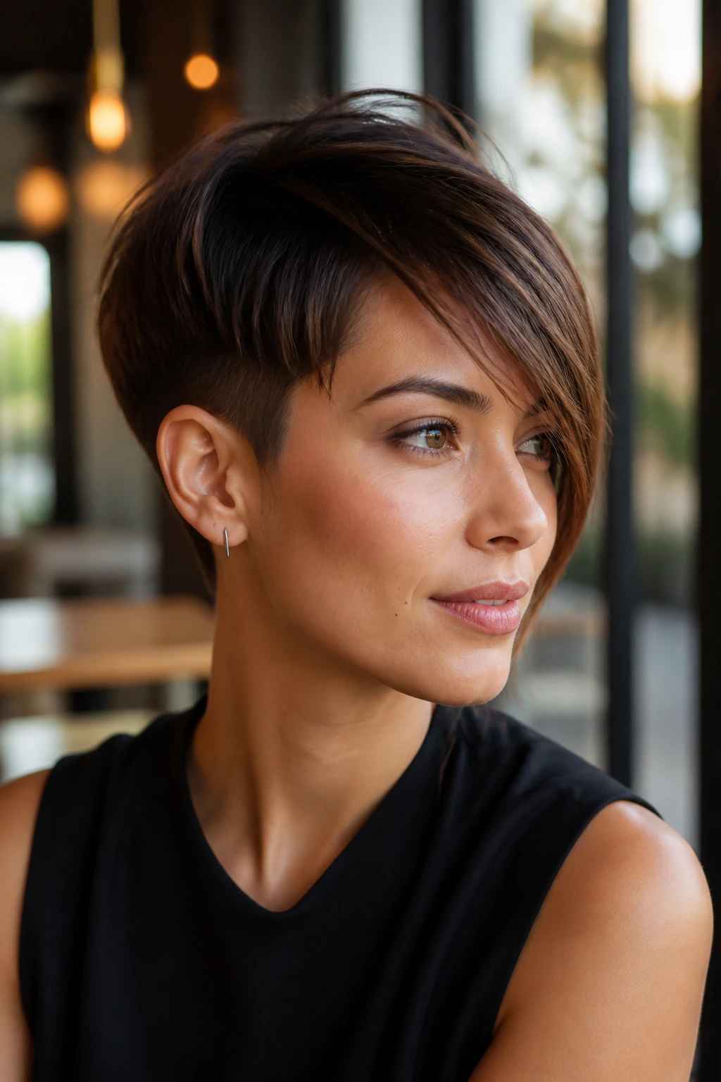 Portrait of a real person with asymmetrical pixie and diagonal fringe under cafe light.