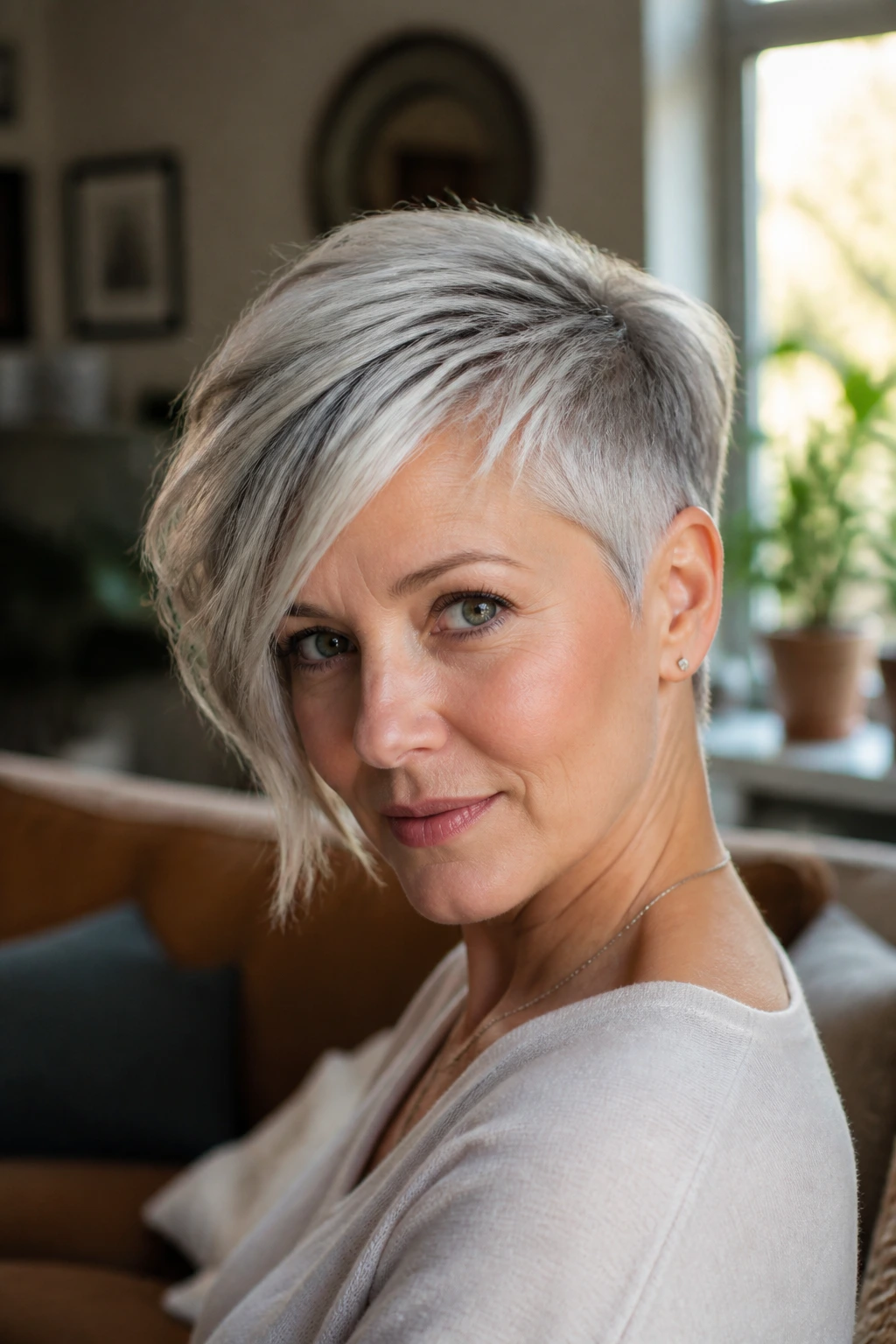 Close-up portrait of a real woman with an asymmetrical pixie haircut featuring a longer side, warm window light.