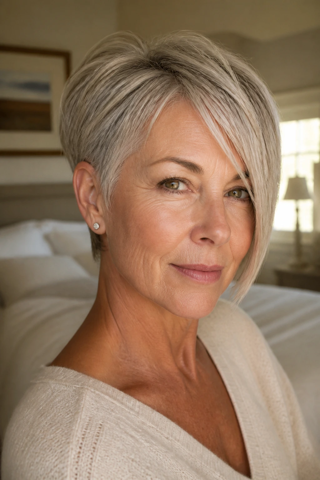 Close-up portrait of a real woman with an asymmetrical pixie featuring a longer front, softly lit window light