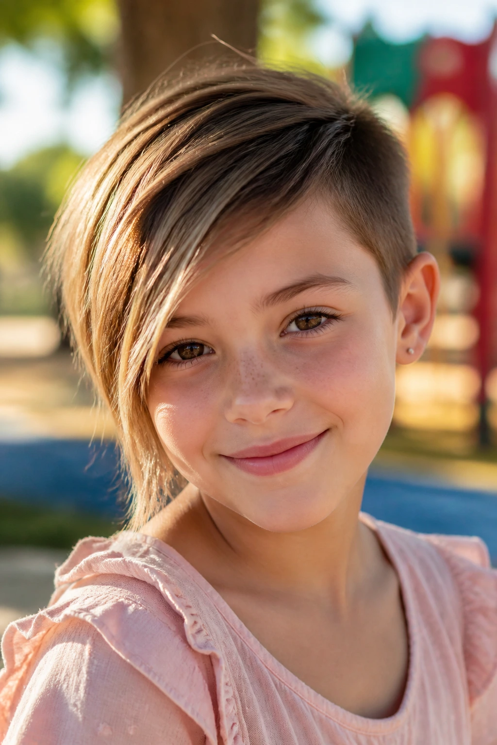 Portrait of a girl with asymmetrical pixie, one side longer, soft diagonal line.