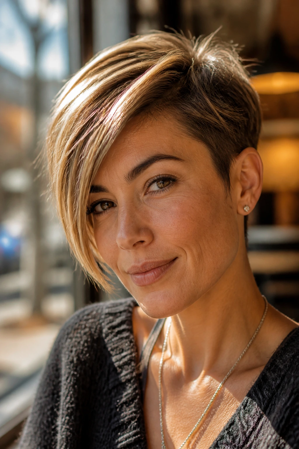 Close-up portrait of a real woman with an asymmetrical pixie haircut featuring a longer side and shorter side, in warm cafe lighting.