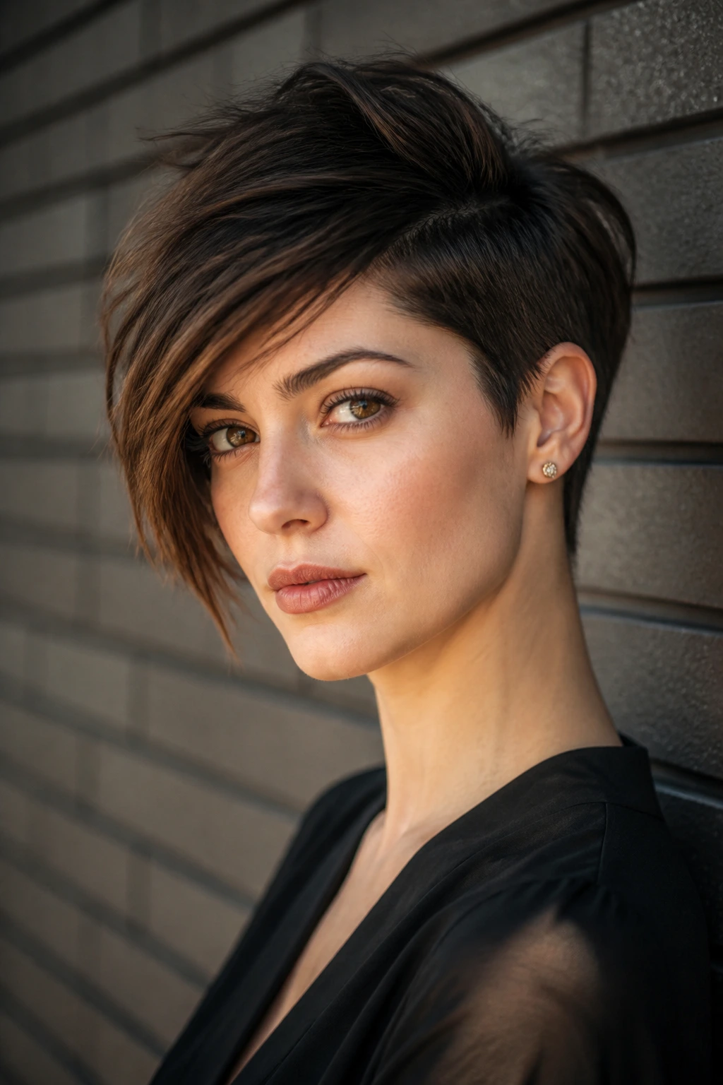 Portrait of a real woman with an asymmetrical pixie showing diagonal longer side.