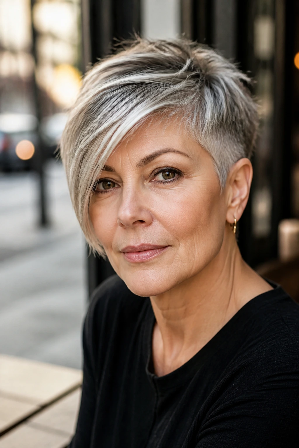 Portrait of a real woman with an asymmetrical pixie in a cafe setting.