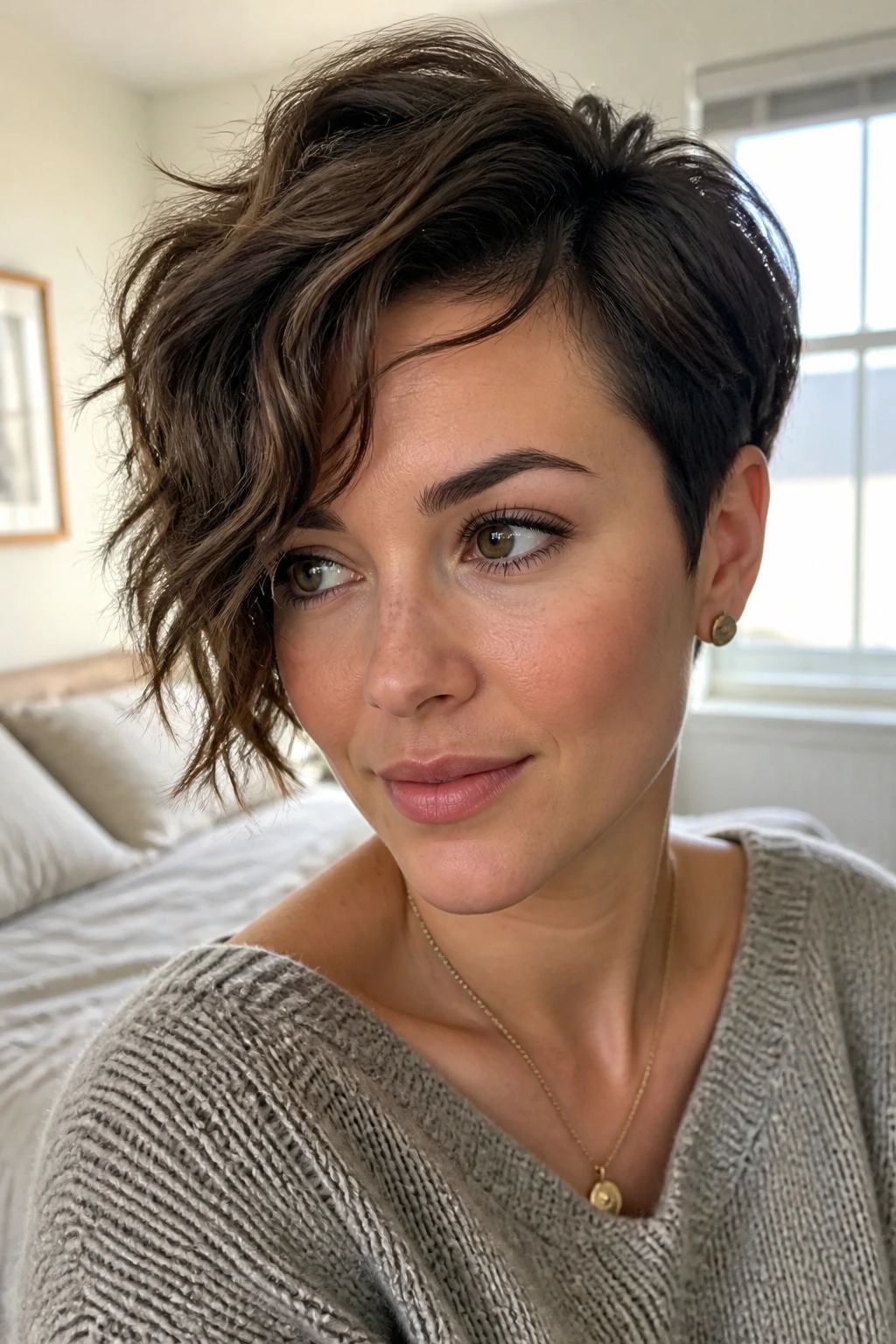 Close-up portrait of a real woman with an asymmetrical wavy pixie hairstyle on a softly lit bedroom backdrop