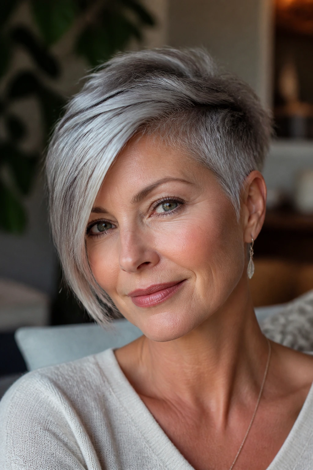 Portrait of a woman with an asymmetrical pixie and long fringe