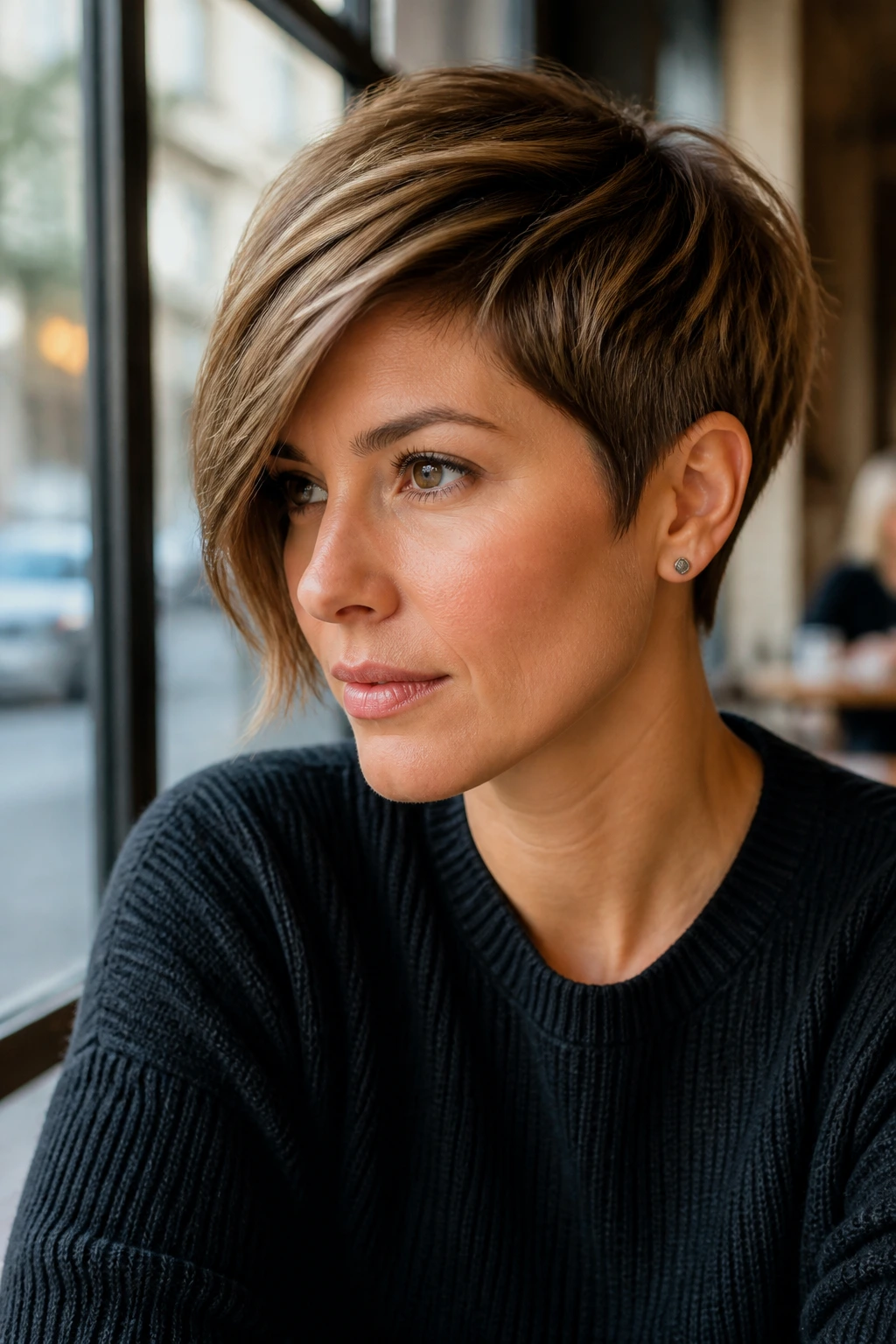 Portrait of a woman with asymmetrical pixie showing longer side and shorter ear-length side