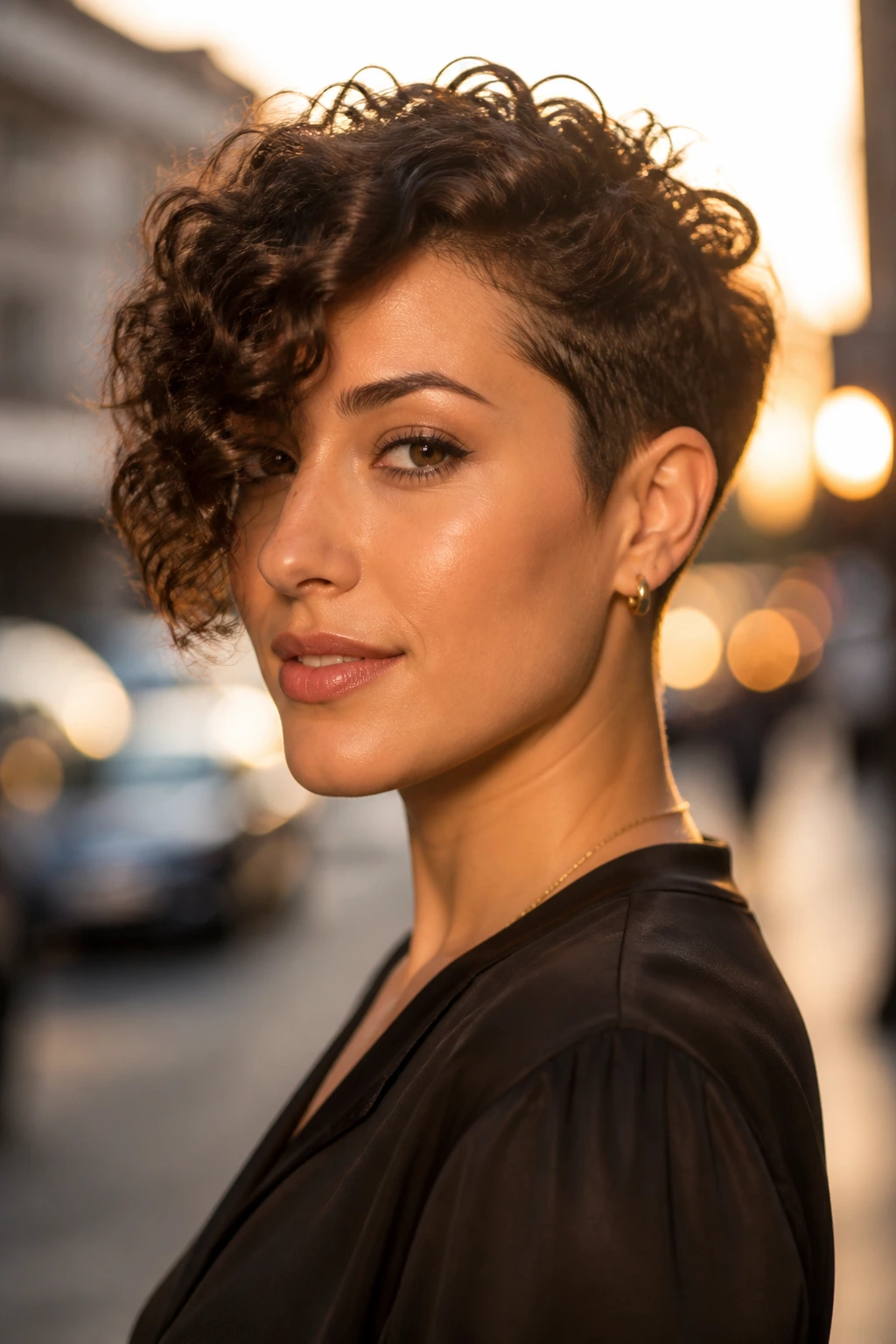 Close-up of a real woman with an asymmetrical pixie showing a longer side.