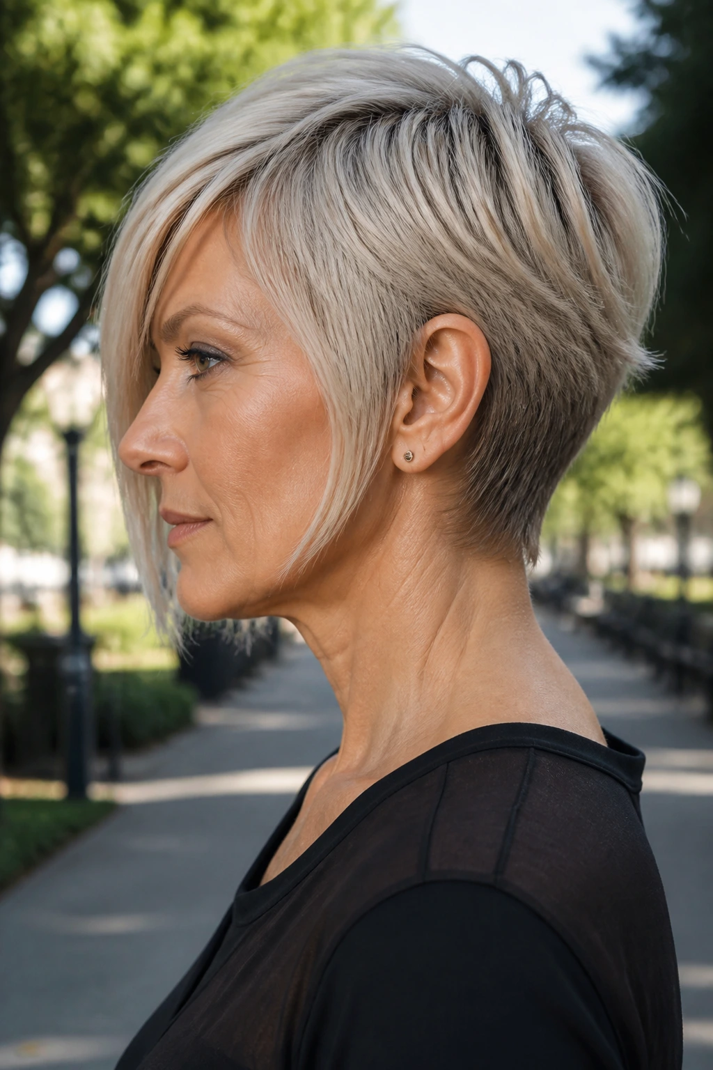 Side-profile portrait of a real woman with asymmetrical pixie mullet