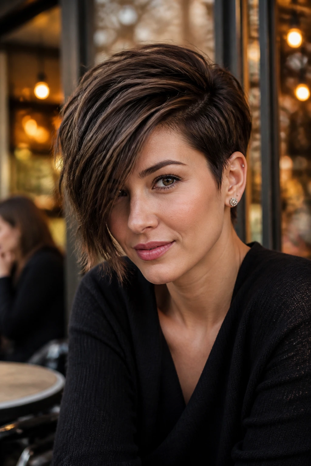 Portrait of a person with asymmetrical long pixie showing a longer side and a shorter side