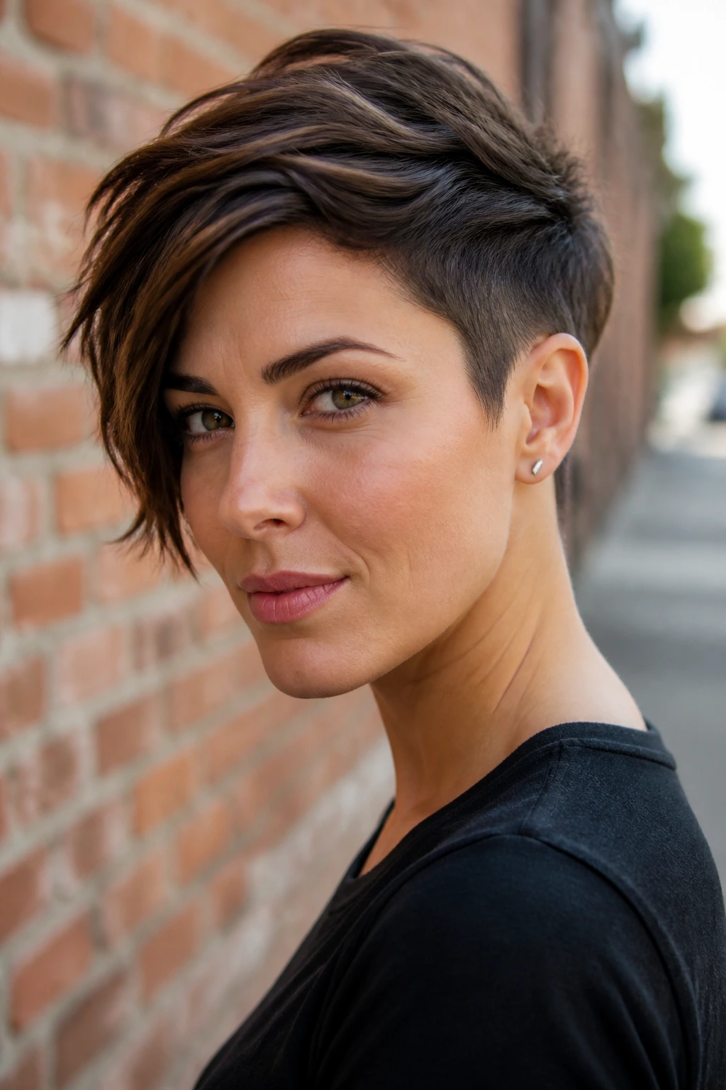 Close-up of a real woman with an asymmetrical pixie, one side longer