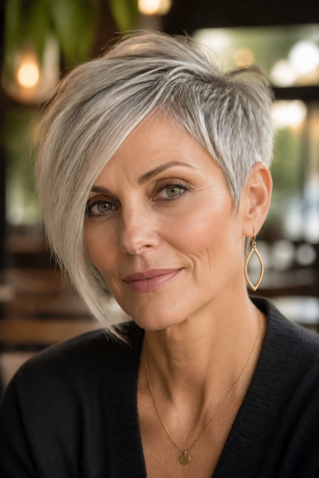Portrait of real woman with asymmetrical pixie in cafe daylight