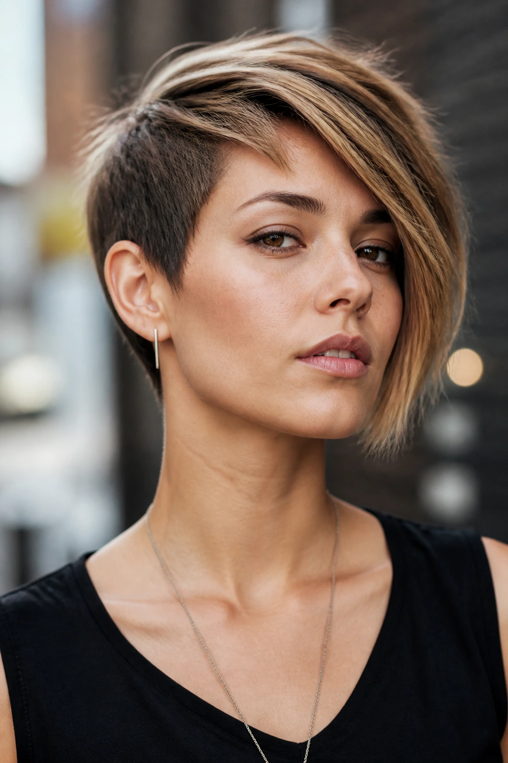 Portrait of a real person with an asymmetrical pixie cut