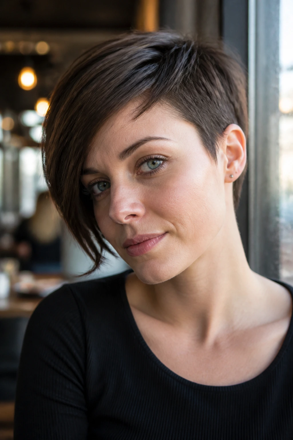 Real woman with asymmetrical pixie haircut, diagonal silhouette.