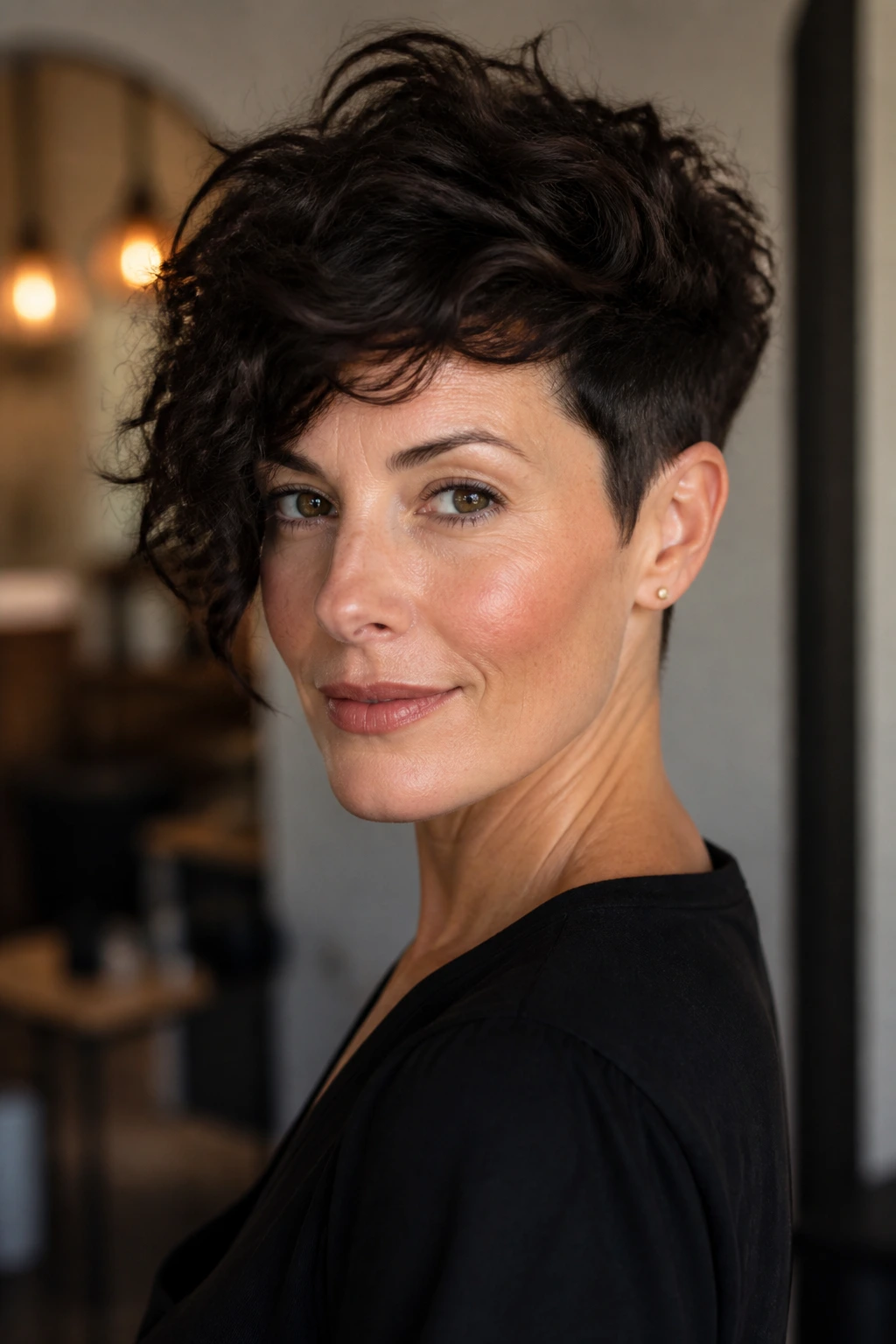 Portrait of a real woman with side-swept asymmetrical pixie showing diagonal silhouette.
