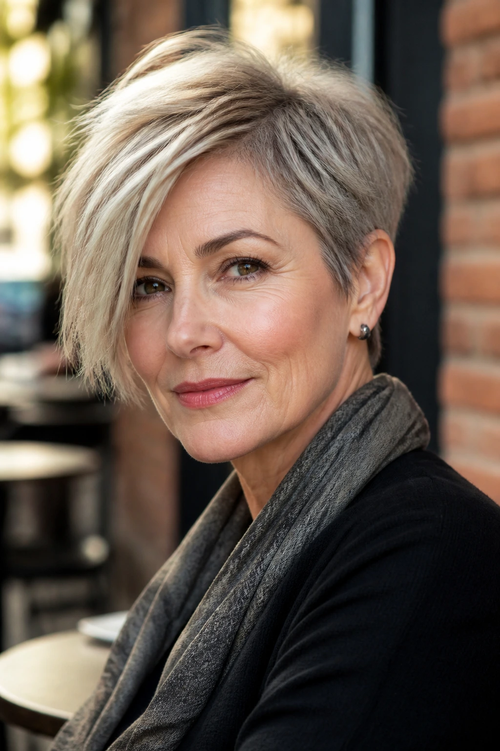 Portrait of a real woman with an asymmetrical pixie and off-center part.