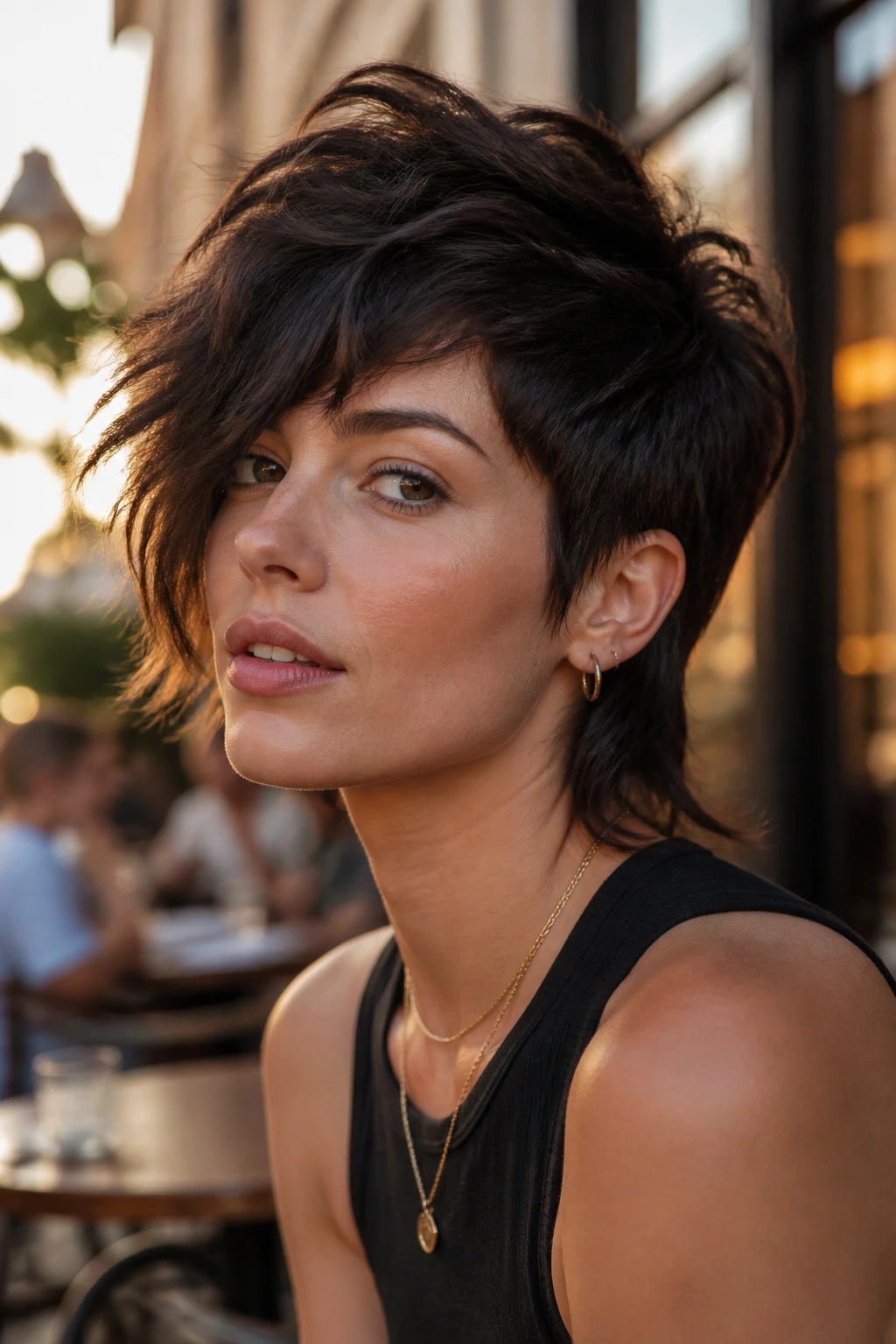 Close-up portrait of a real person with asymmetrical pixie shag mullet under warm urban light