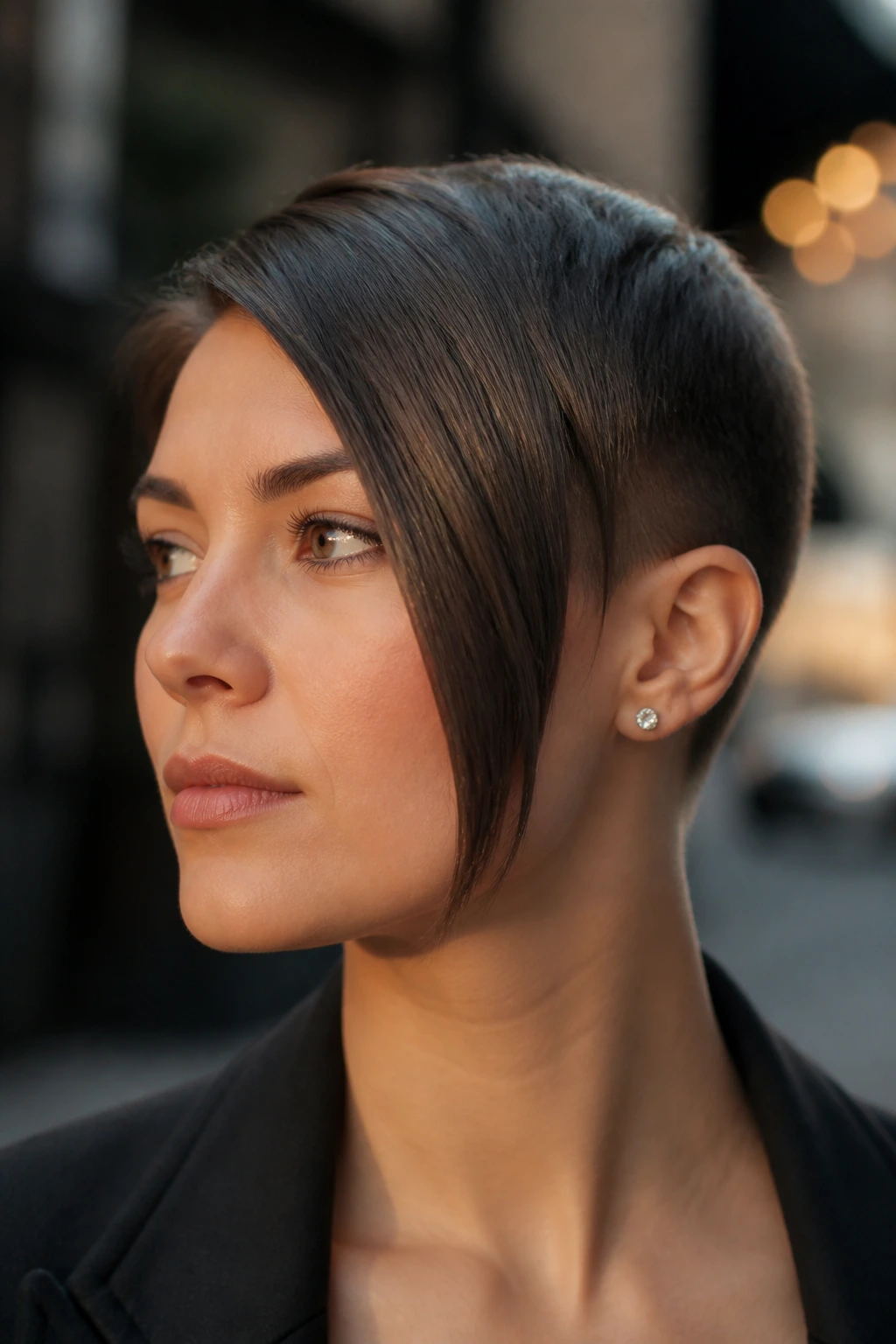 Real woman with asymmetrical pixie having one sharp side