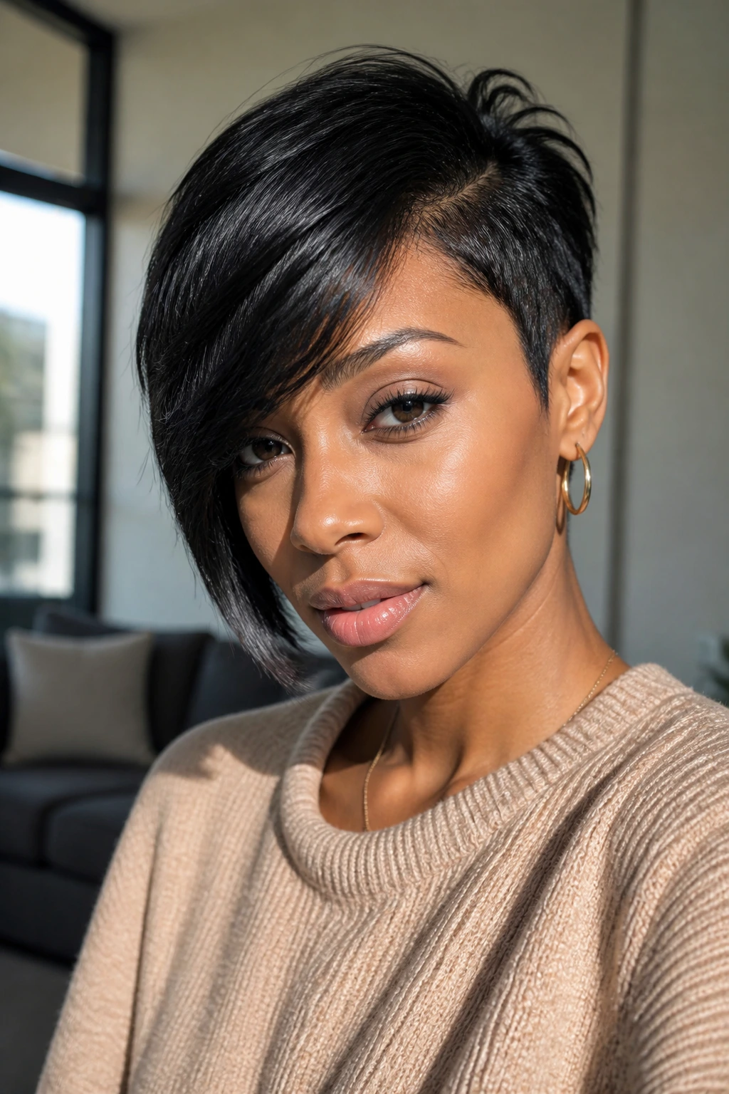 Close-up portrait of a real woman with an asymmetrical pixie cut, longer cheekbone-length side.