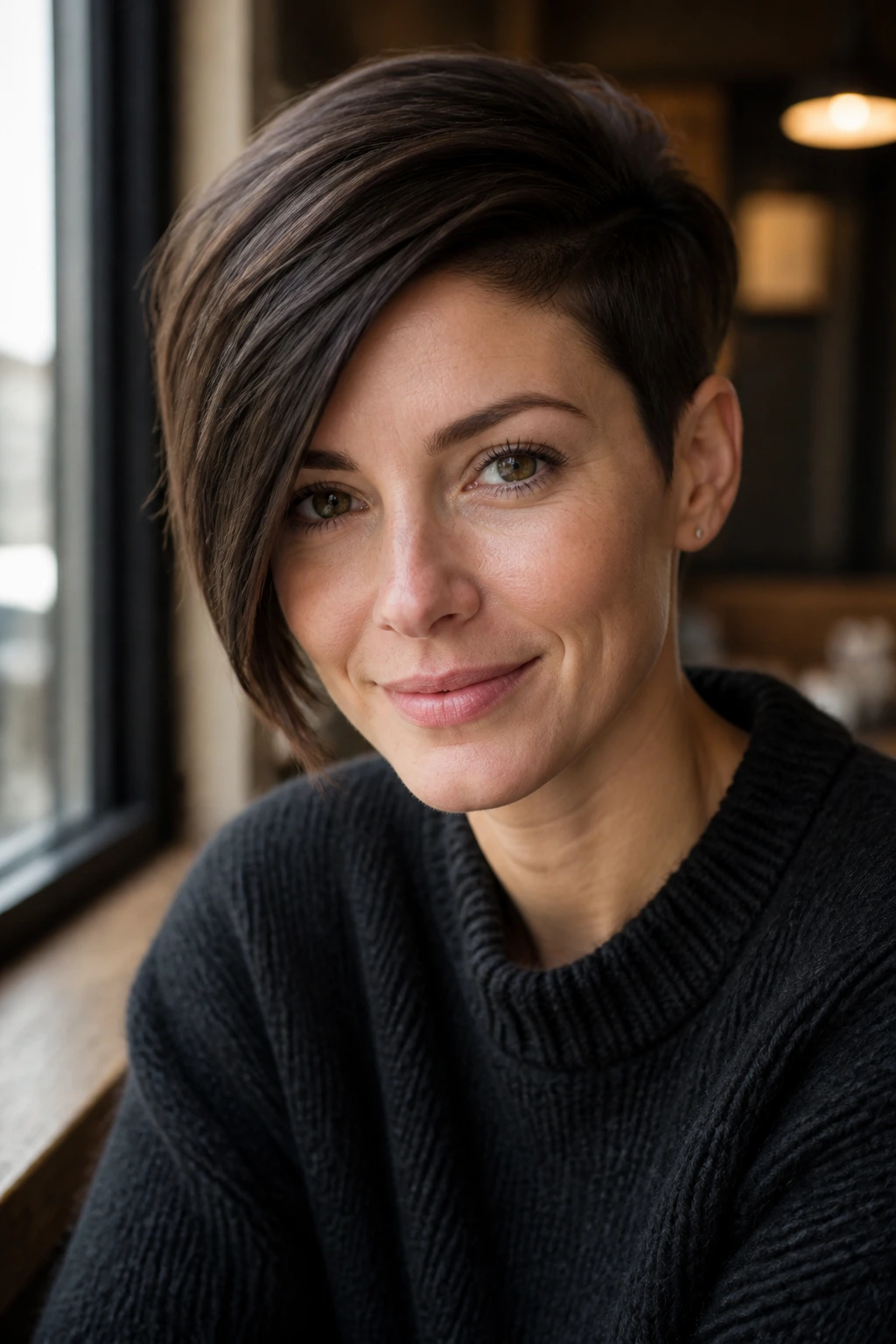 Close-up of a real woman with a deep side part in an asymmetrical pixie