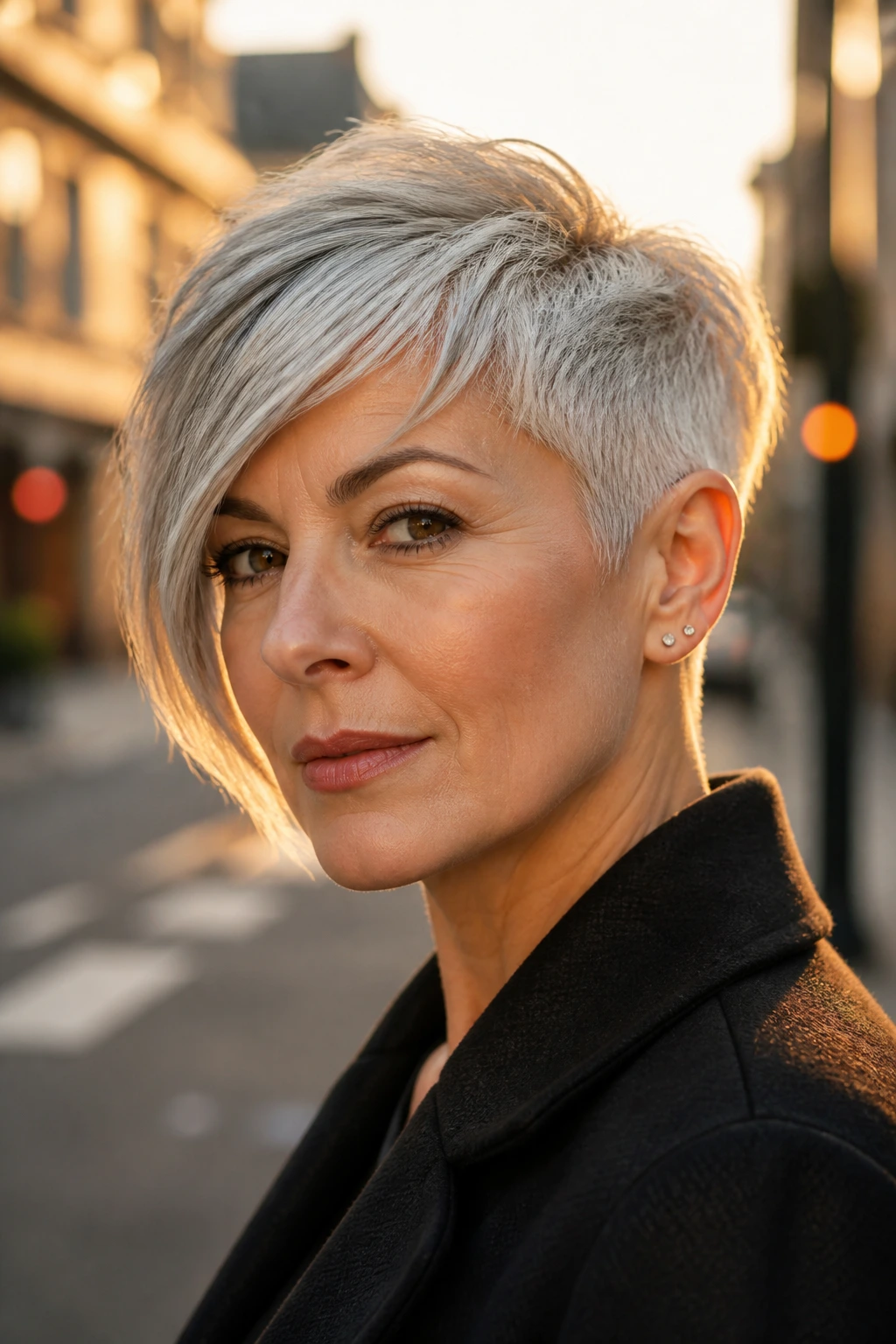 Close-up portrait of a real person with asymmetrical silver pixie.
