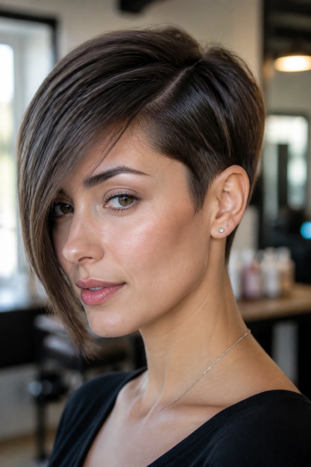 Close-up of a real woman with an asymmetrical pixie showing long side and clean part